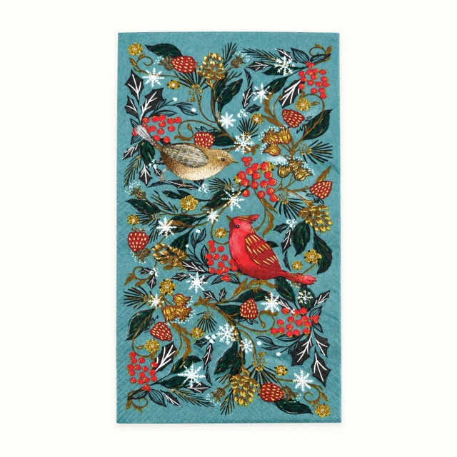 A rectangular textile or rug featuring a detailed botanical and bird illustration on a teal background, with two birds, red berries, white flowers, and gold accents.