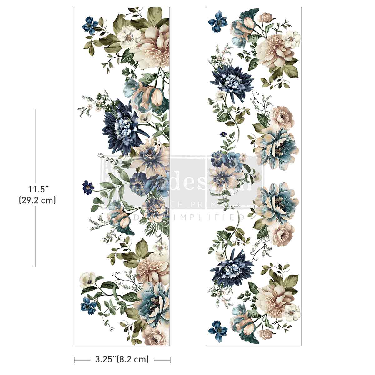 Floral decal with measurements on a white background