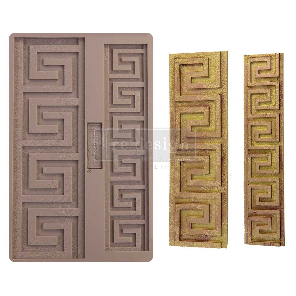 Decorative mold with Greek key pattern and two wooden samples on a white background