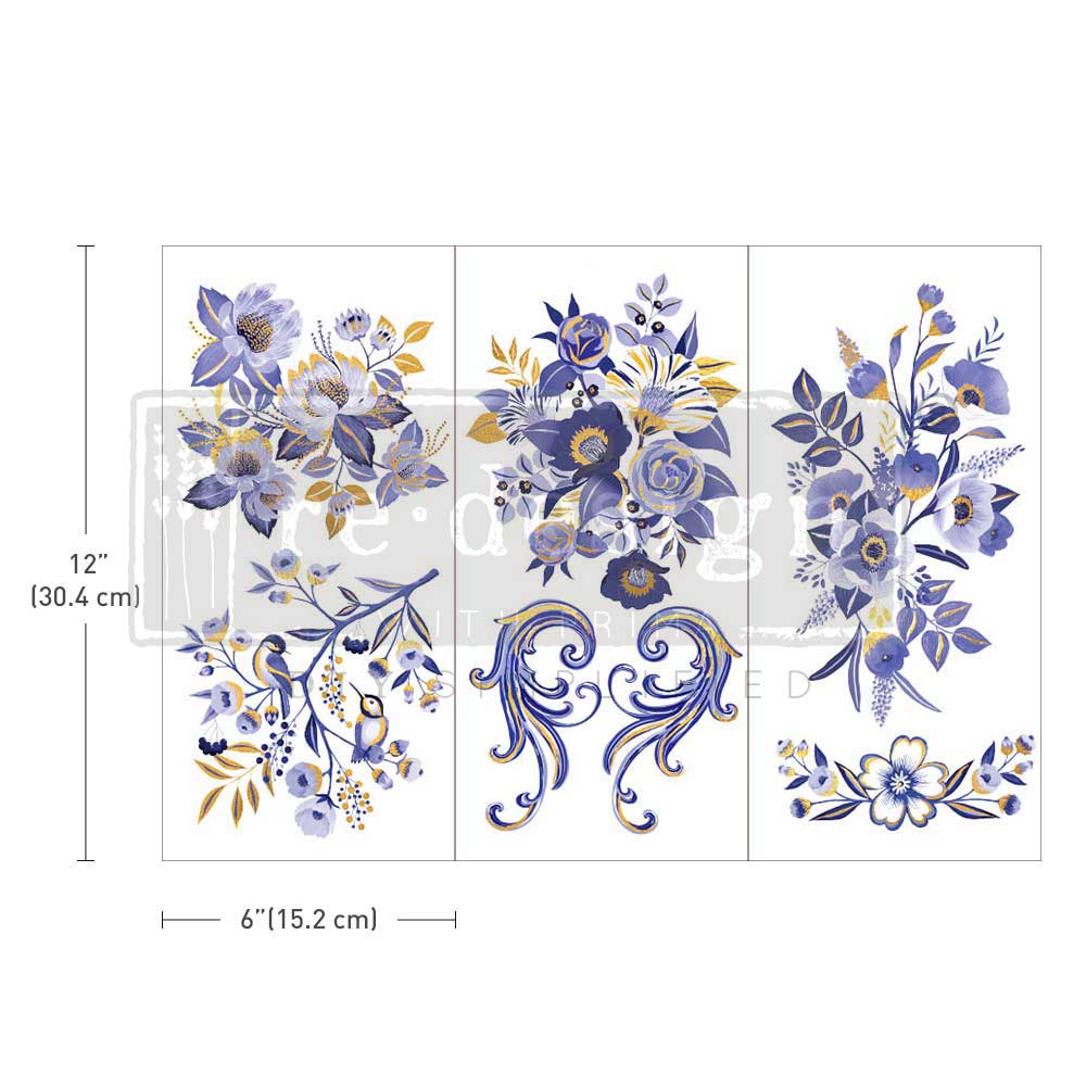 Set of floral wall decals with measurements on a white background