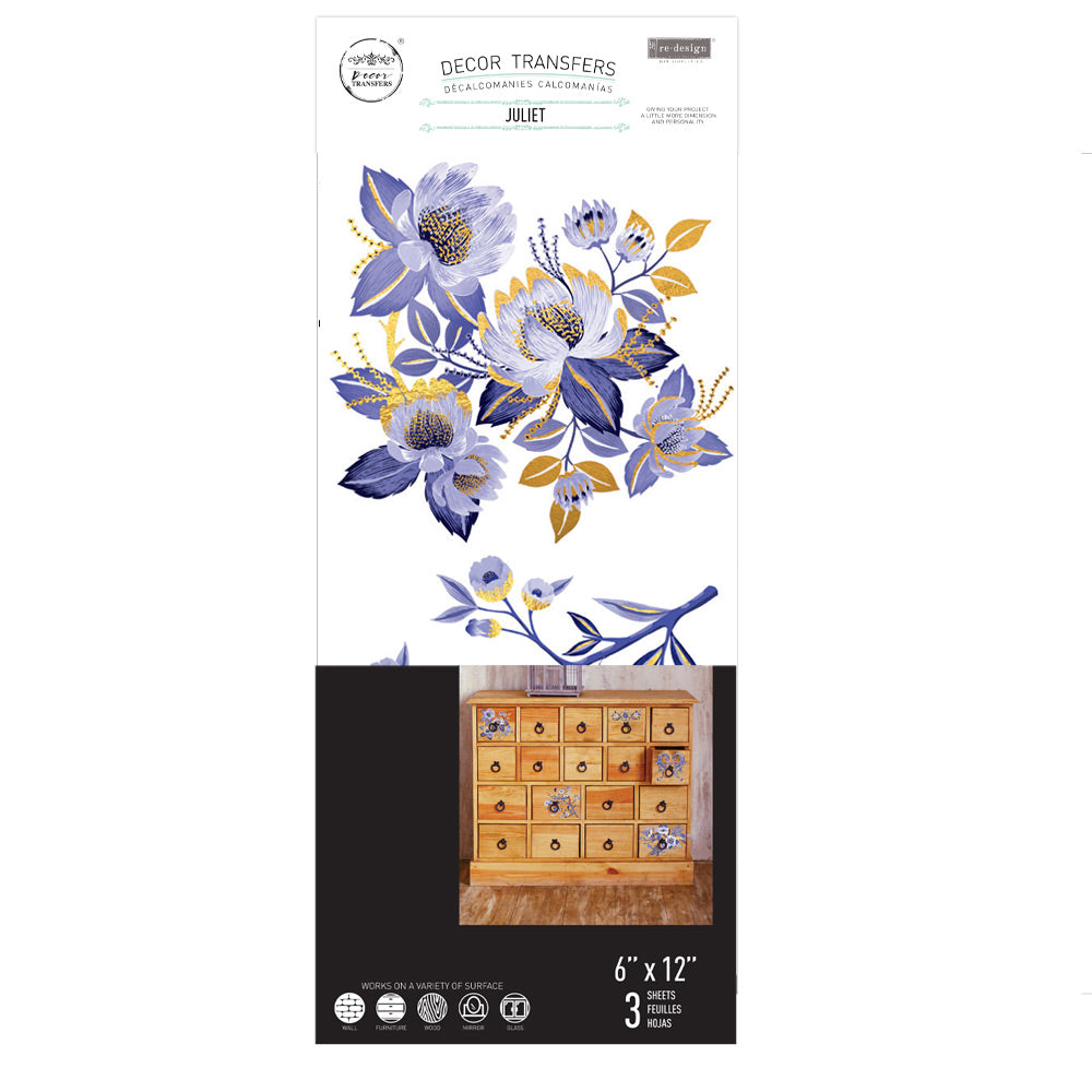 Floral decor transfer package with a dresser in the background