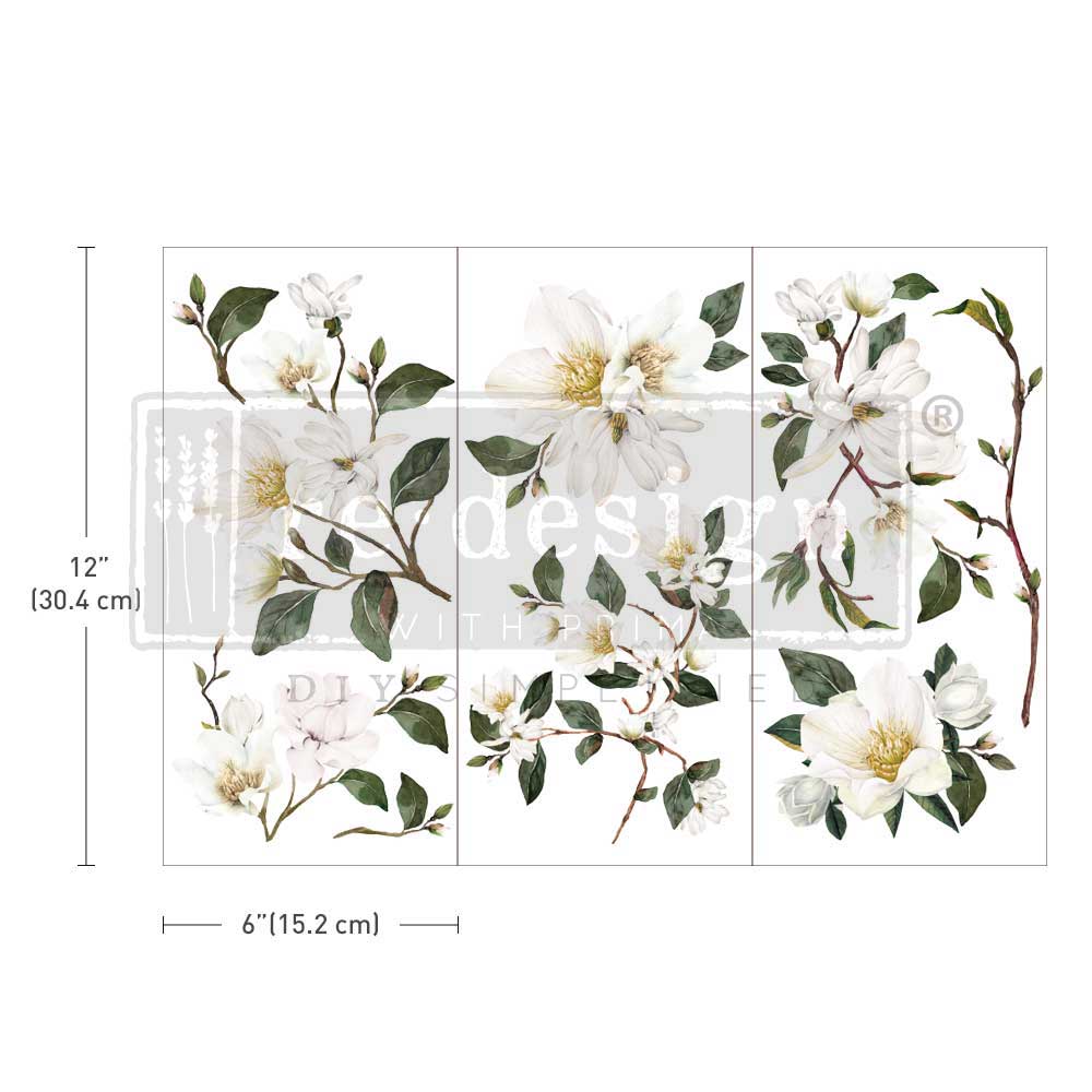 Floral wall decal with measurements on a white background
