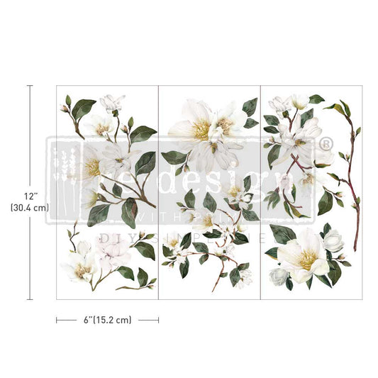 Floral wall decal with measurements on a white background