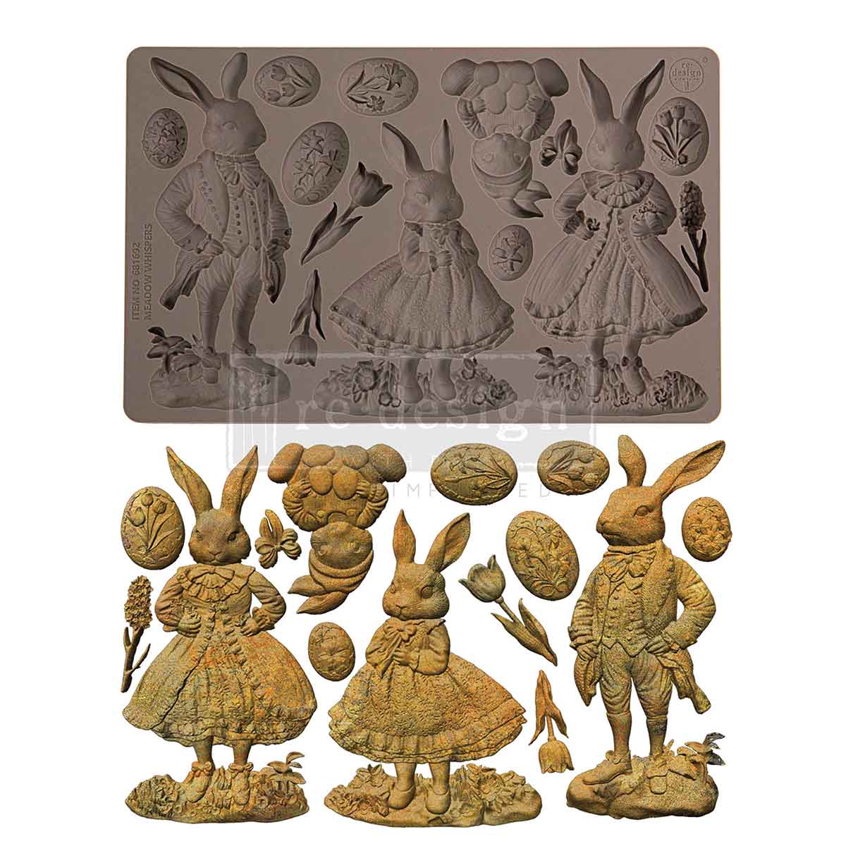 Decorative silicone mold with rabbit and flower designs on a white background