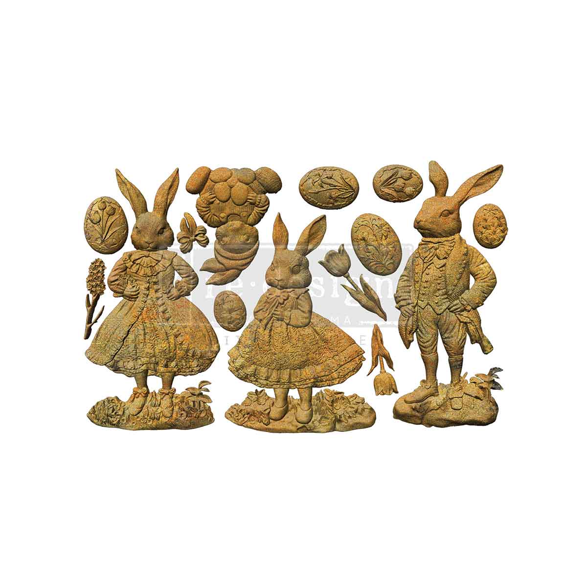 Three decorative rabbit statues with accessories on a white background