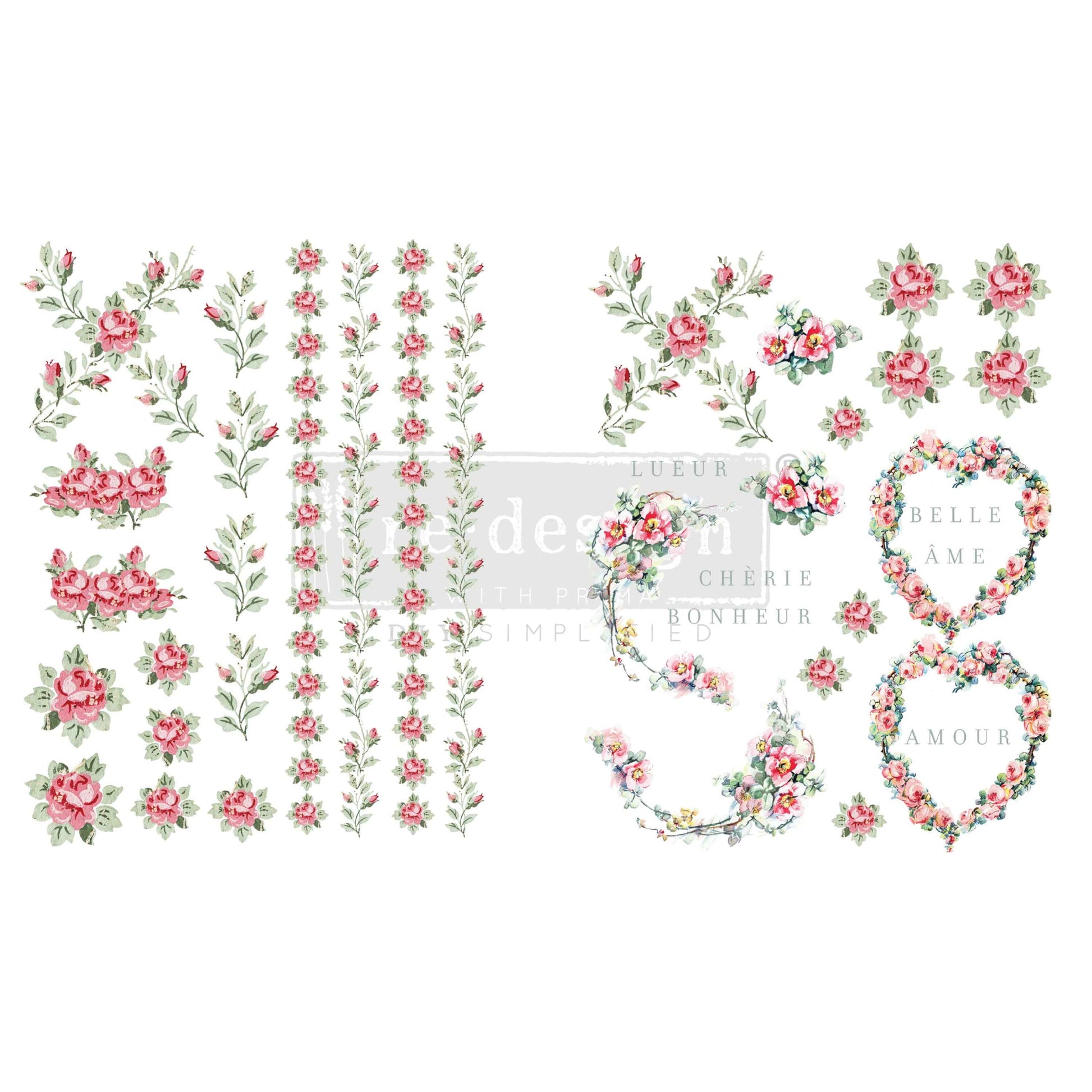 Set of floral elements including flowers, leaves, and decorative letters on a white background.