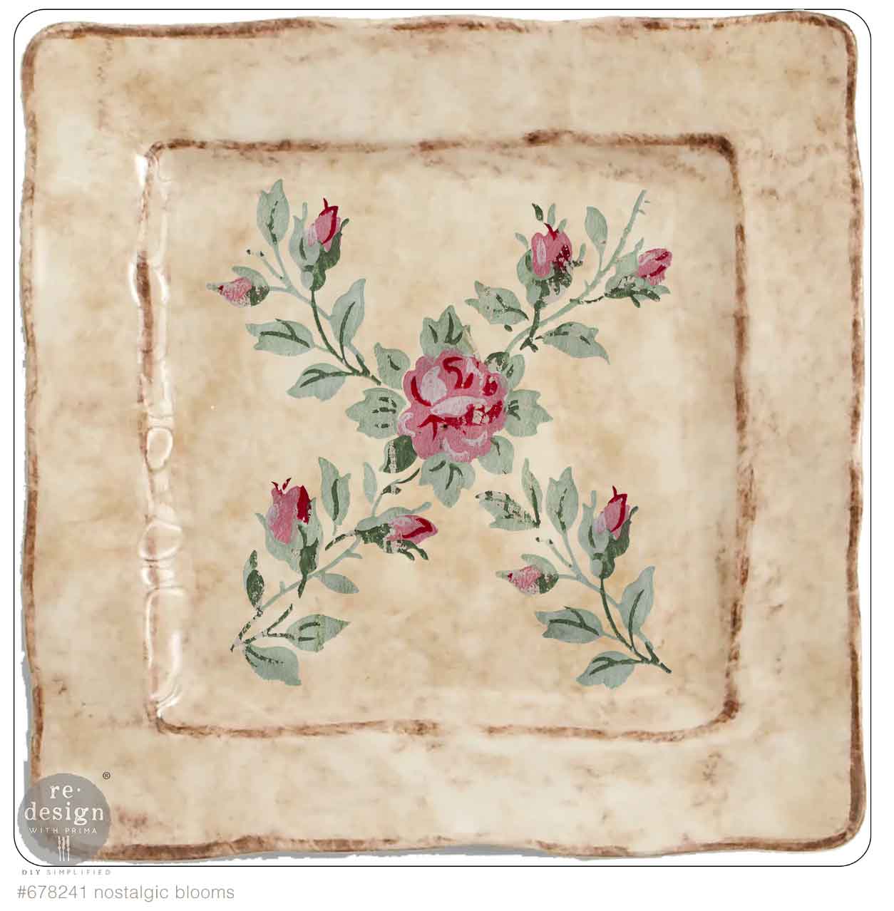 Decorative square plate with floral design on a beige background