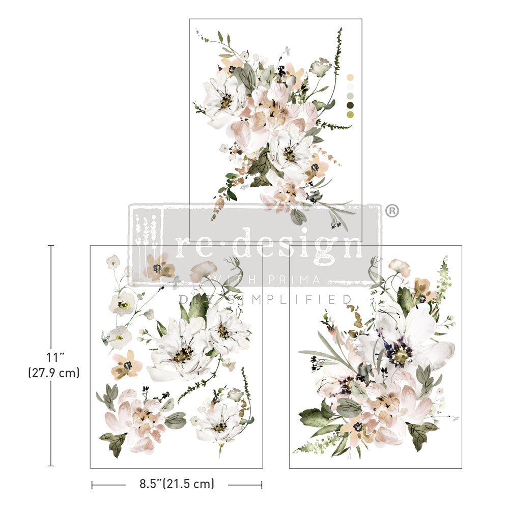 Floral design with measurements and brand name on a white background