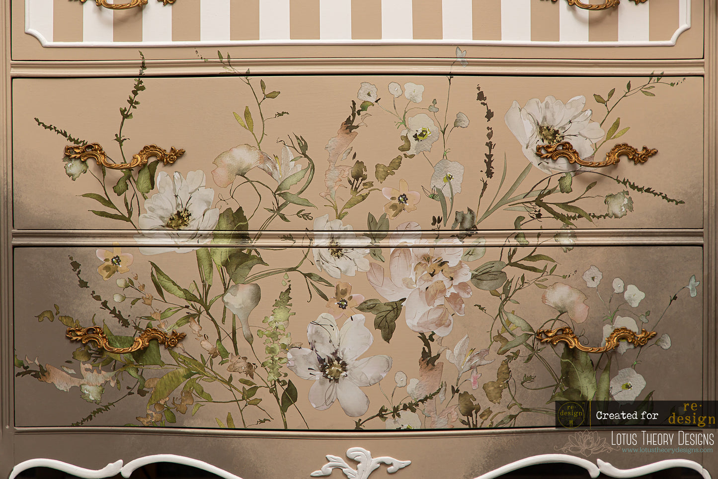 Decorative cabinet with floral design and gold accents