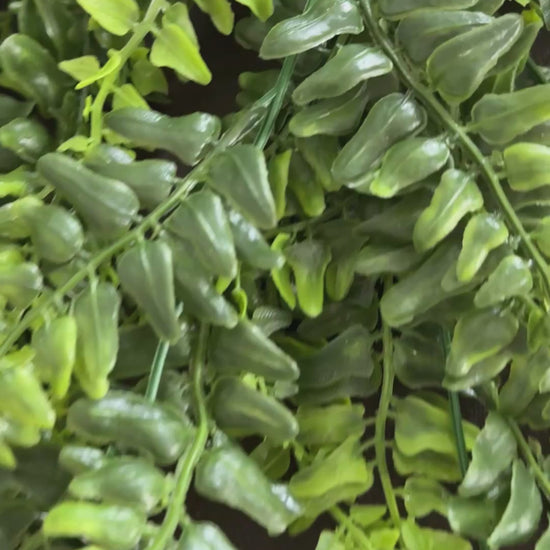 video close up of Green artificial fern foliage with realistic textured leaves on a dark brown background.