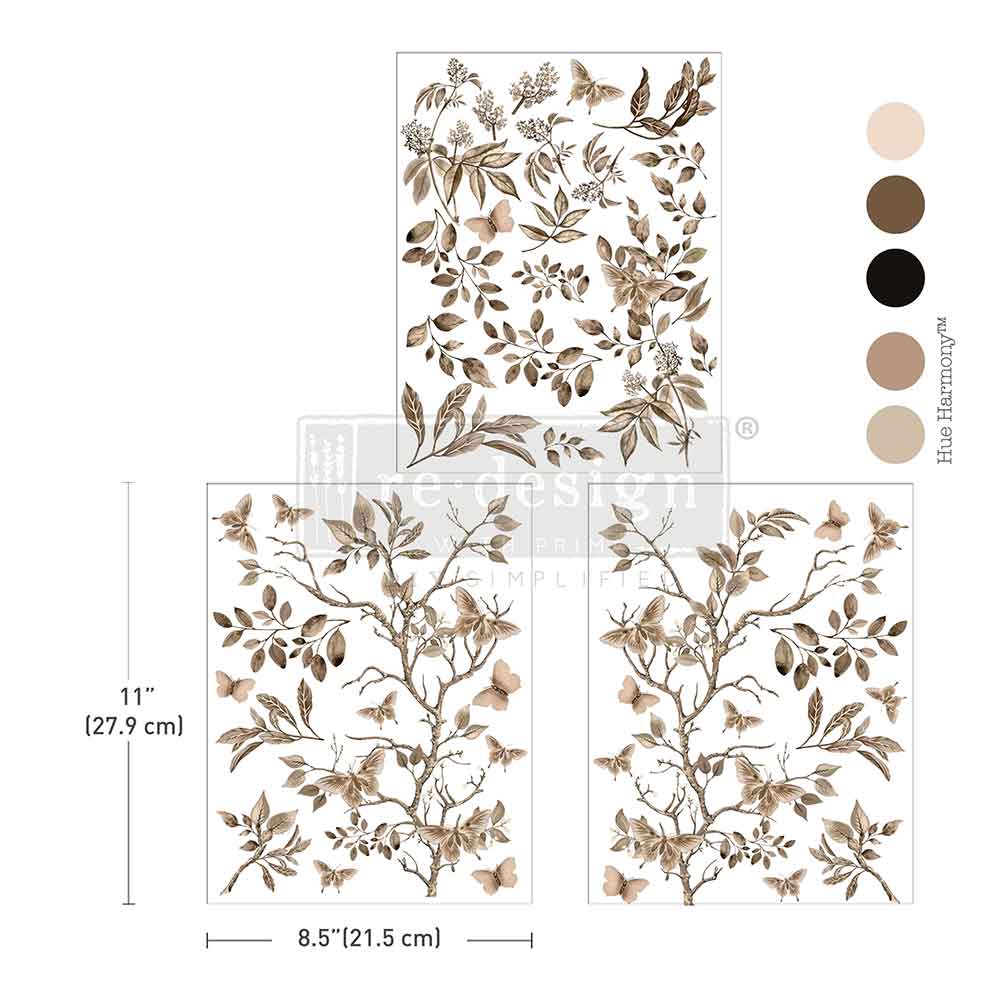 Decorative wall sticker with floral and branch design, including color swatches and dimensions.