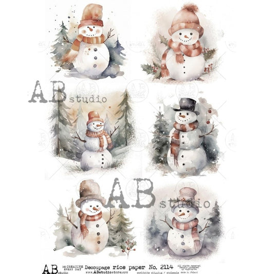 AB Studios-Watercolor Snowman Ornament Rounds A4 Rice Paper  A4 Rice Paper-8.3"x11.7"