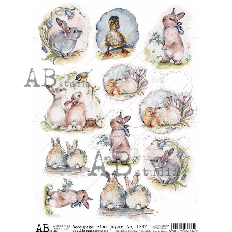 AB Studios-11 Pack Pastel Bunnies A4 Rice Paper-8.3"x11.7"