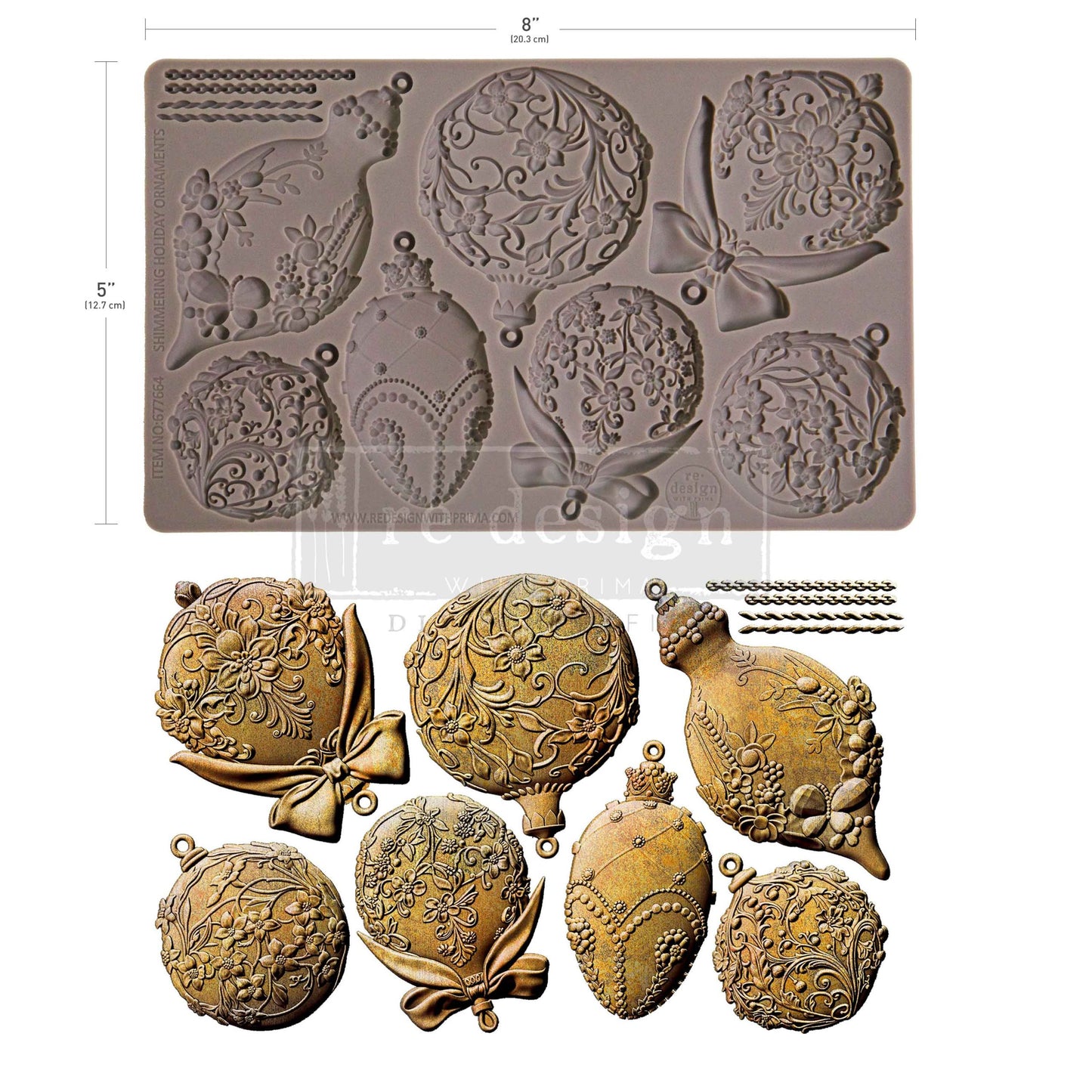 Decorative mold with intricate designs and gold-colored embossed items on a white background.
