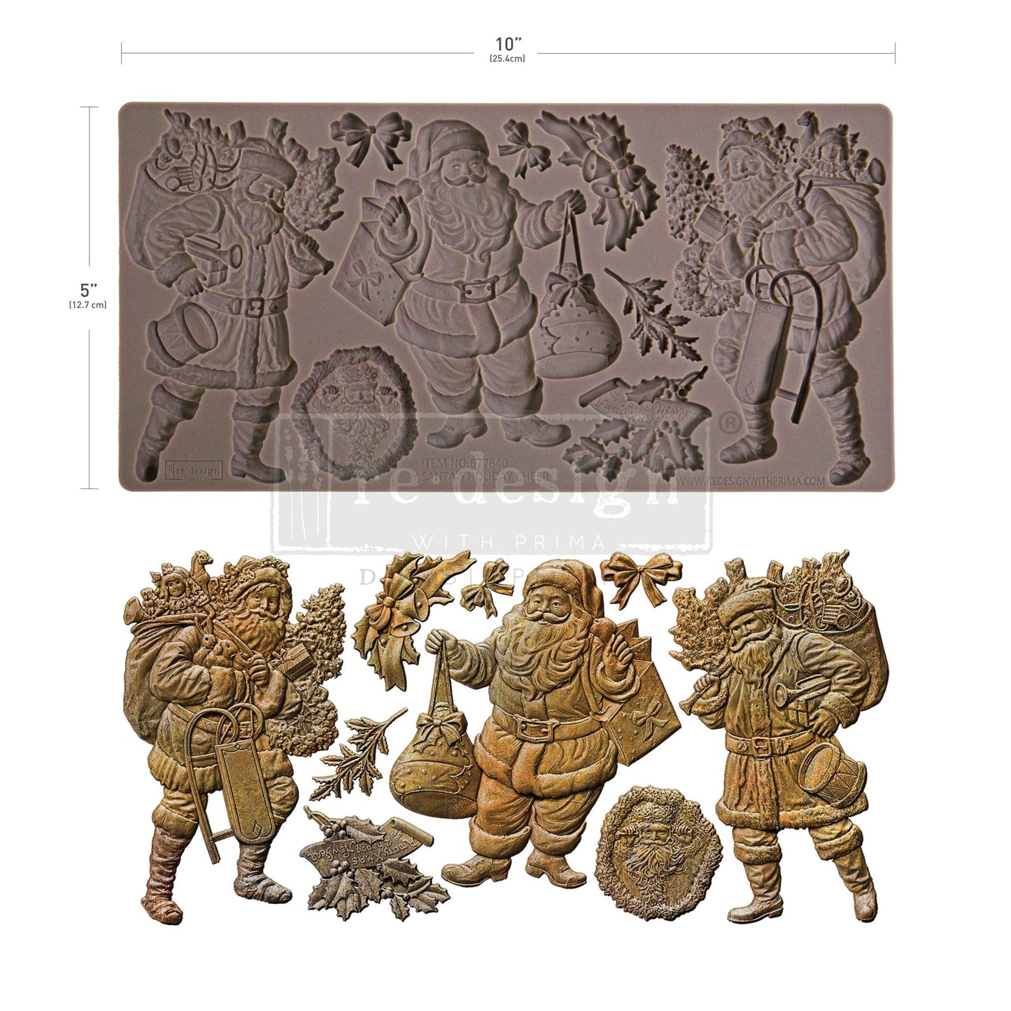 Chocolate mold with Santa Claus design and the product itself on a white background