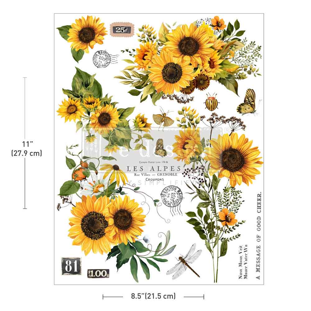 Decorative sheet with sunflowers and nature-themed elements on a white background
