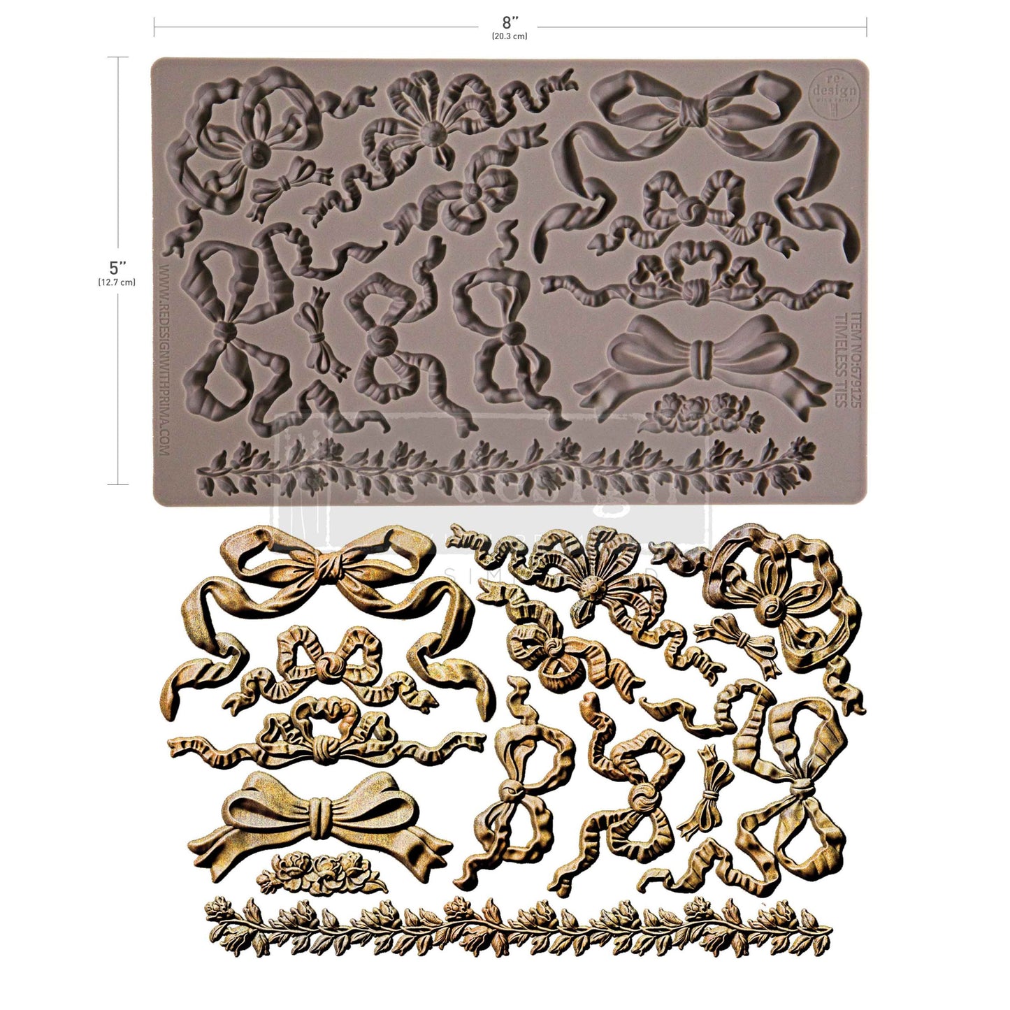 Decorative silicone mold with floral and bow designs on a white background