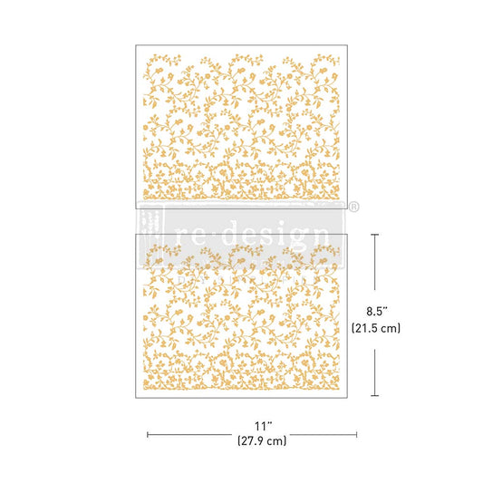 Two clear plastic sheets with gold floral patterns and dimensions on a white background