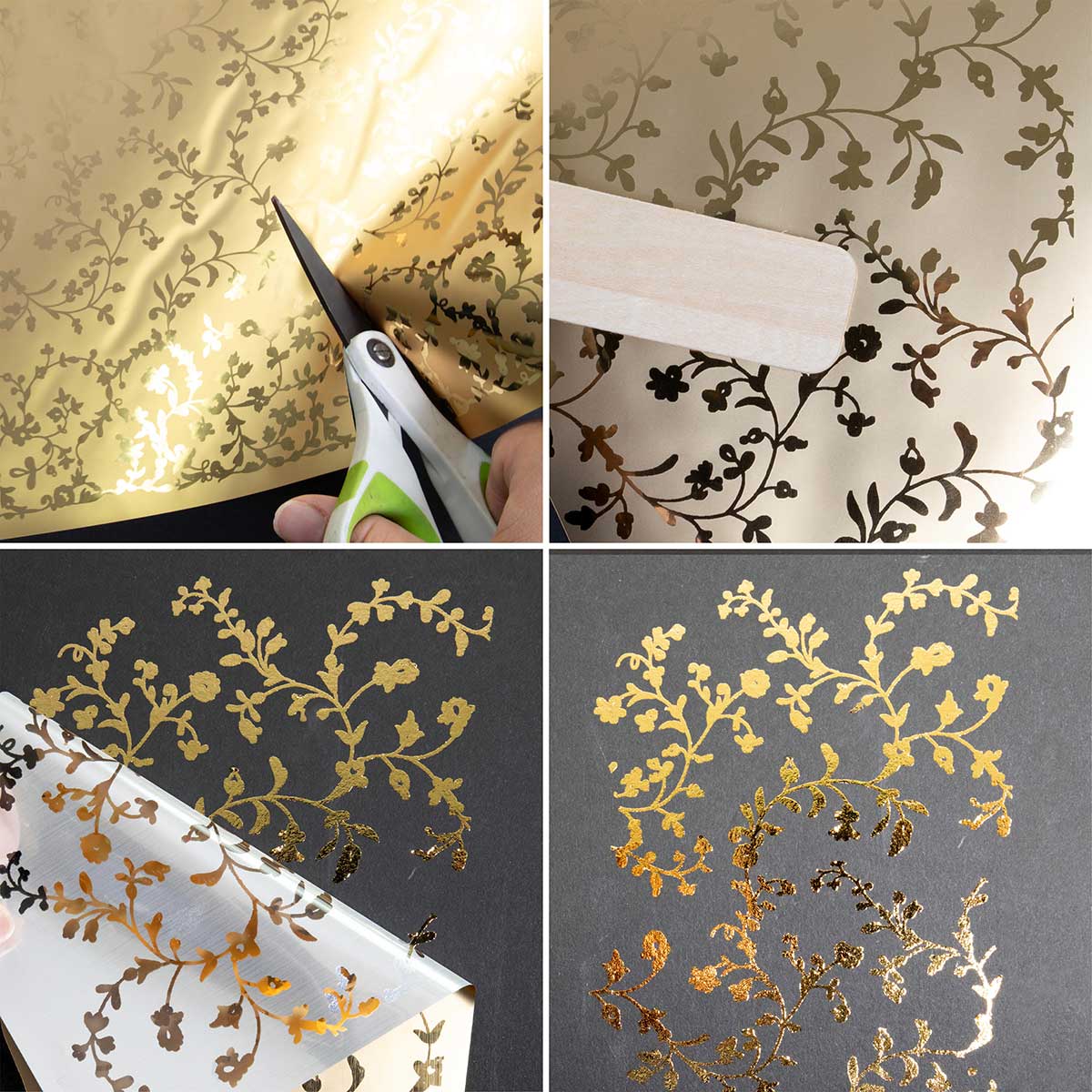 Collage of gold leafing process with scissors and gold leaf on a surface.